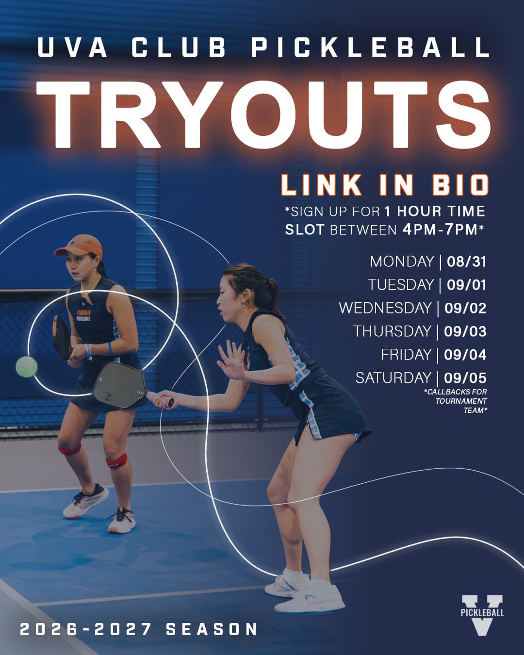 Fall 2026 UVA Pickleball tryout schedule
